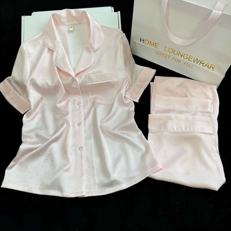 Hot KT Cat Pajamas 2025 Spring New Silk Cartoon Outwear Women's Sweet Long Sleeve Trousers Home Clothes Hot KT Cat Pajamas 2025 Spring New Silk Cartoon Outwear Women's Sweet Long Sleeve Trousers Home Clothes