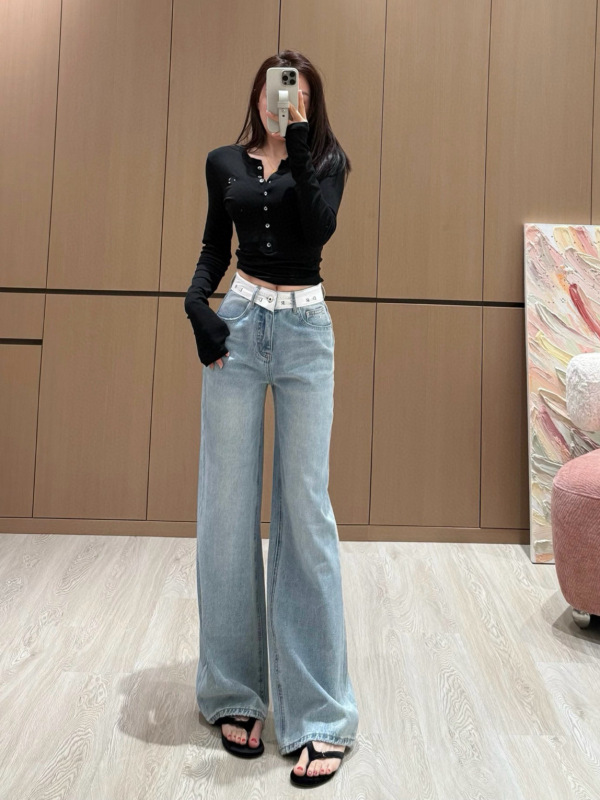 ヨーロッパのストレートジーンズ女性2025ポケット刺繍衝突色アルファベットリボンストレートリボングラデーション色ジーンズ|undefined