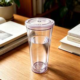 宽口大孔吸管双层塑料杯 450ml 平盖设计轻松吸果粒奶茶家用饮水