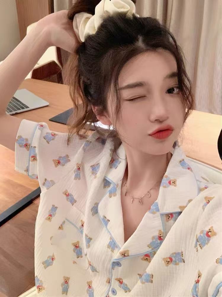 Niña linda solapa pijama de gasa mujer verano oso algodón y lino pantalones cortos de manga corta camisón traje de servicio a domicilio simple image 7