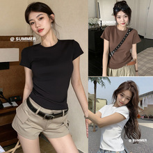 纯棉短袖t恤女夏季2025新款修身显瘦短款小个子穿搭正肩圆领上衣