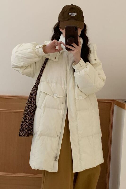 Korean Style Loose Hooded down Jacket for Women Mid-Length 2025 Winter New Large Button Thickeneded Warm White Duck down Jacket