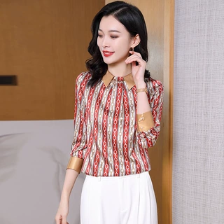春季圆领气质时尚优雅百塔女士真丝长袖衬衫设计链条简约衬衫上衣