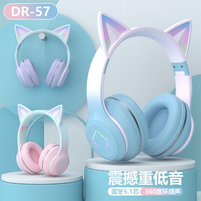 Cross-Border New Dr57 Bluetooth Headset, Ultra-Long Battery Life, Gradient Color Luminous Cat Ear Head-Mounted Wireless Headset