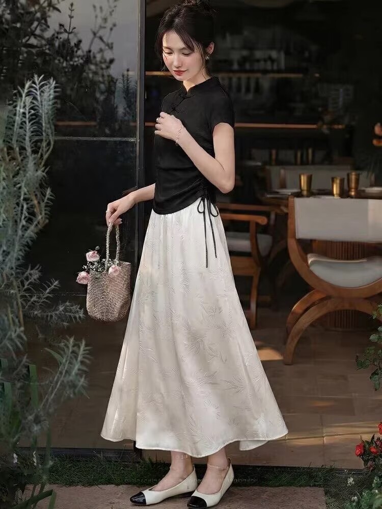 Váy chữ A dài nữ phong cách quốc gia màu trắng gạo — màu mơ
