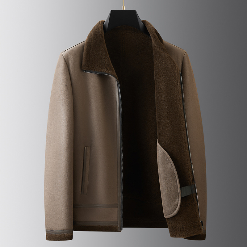 Sheepskin Fur All-In-One Outwear Men's Leather Jacket Genuine Leather Jacket Winter Pure Wool Lining Plus Velvet Short Style Dropshipping