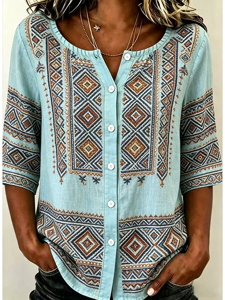 Cross-Border European and American Style Loose Cotton and Linen Shirt for Women, New Summer Model, Simple and Versatile, Turn-Down Collar, Long-Sleeved Women's Top