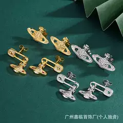 High version Western Queen Mother Silver Needle Saturn Earrings Vivian Classic Saturn Pin Full Diamond Earrings Factory Wholesale
