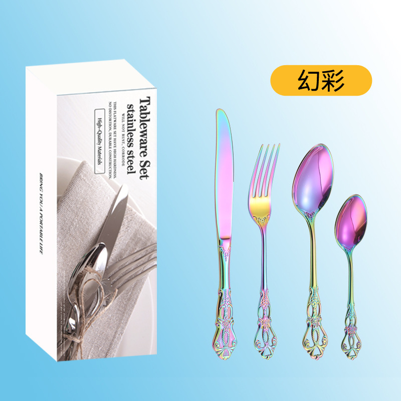 Transfronterizo 304 cubiertos de acero inoxidable 24 piezas juegos de corte imperial cuatro piezas principales hotel restaurante cuchillo y tenedor de cucharas de comida occidental