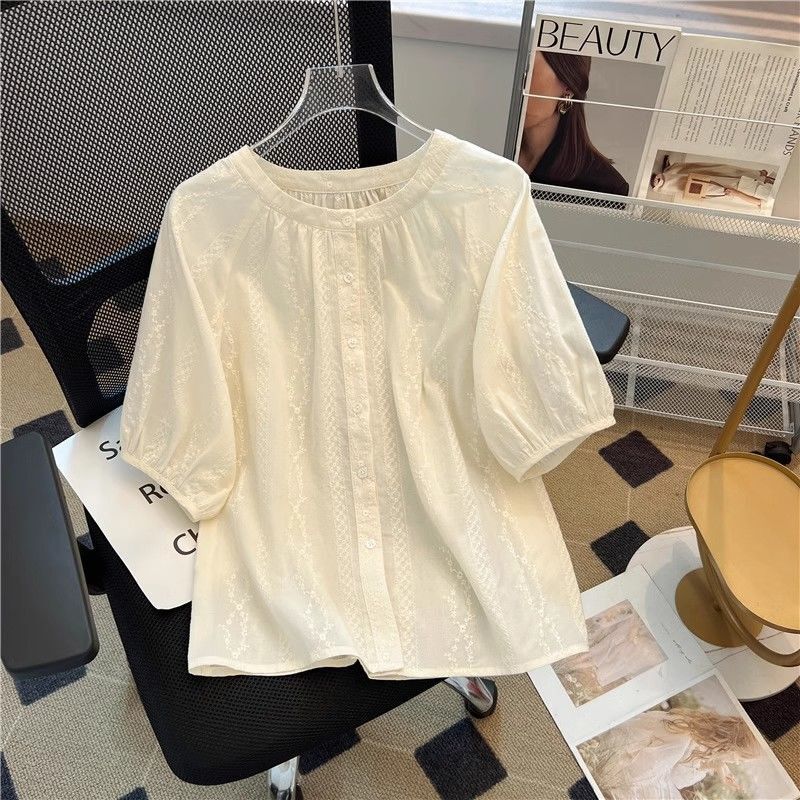 フレンチレトロ刺繍半袖シャツ女性のための夏の2025新しいルーズスリム西洋スタイル年齢軽減ベビードールシャツトップ|undefined