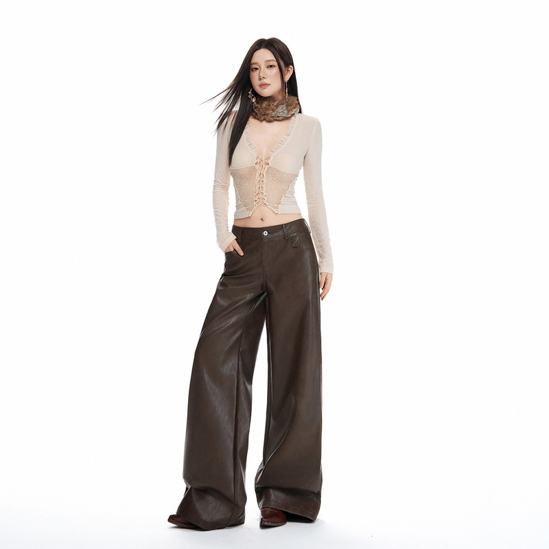 【Jinyin】New Autumn/Winter American Retro Mid-Low Waist Elegant Commuting Slightly Loose Straight Casual Leather Pants for Women 【Jinyin】New Autumn/Winter American Retro Mid-Low Waist Elegant Commuting Slightly Loose Straight Casual Leather Pants for Women