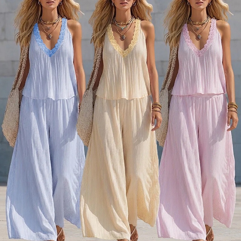 2026 Summer New Style Amazon Aliexpress Lace V-Neck Pleated Striped Suit Loose Slimming Wide-Leg Pants Suit
