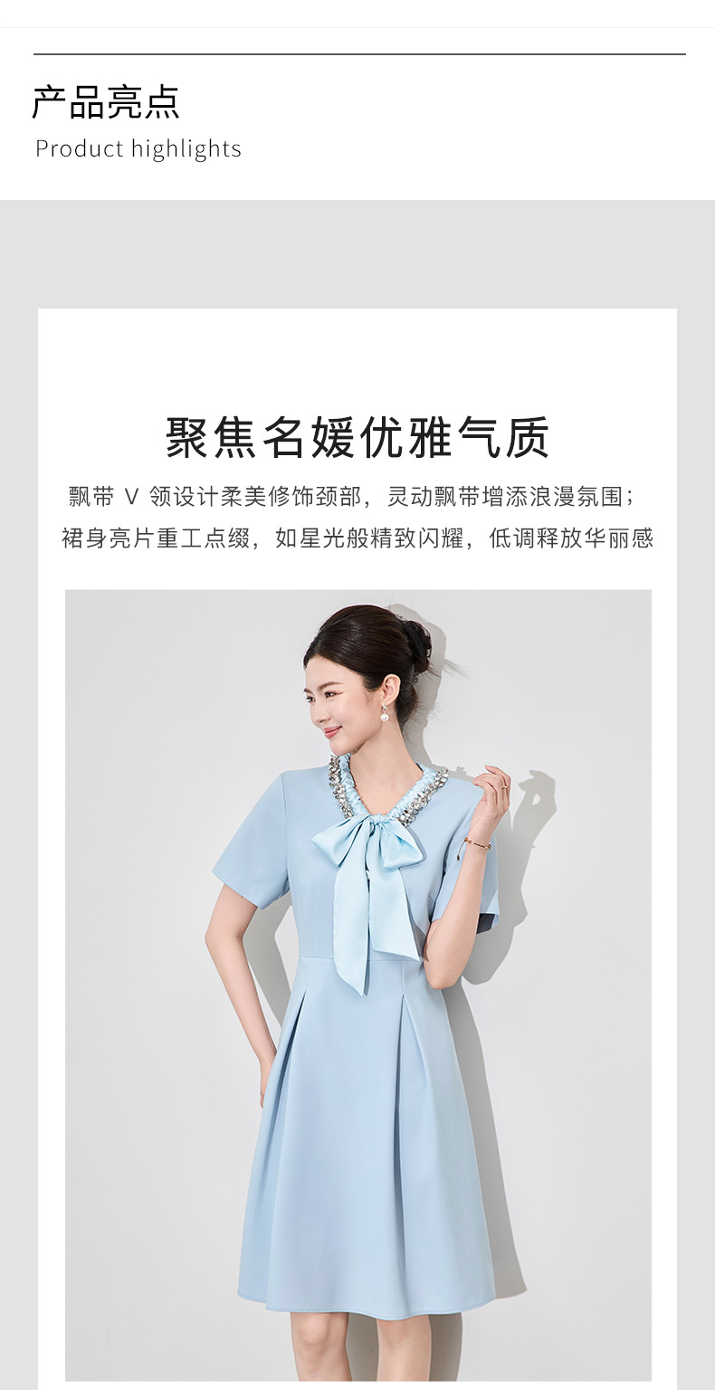 Đầm liền nữ cổ chữ V xếp ly tay lỡ, chất liệu sequin lấp lánh kiểu dáng quý bà — Màu xanh lam nhạt chi tiết 7