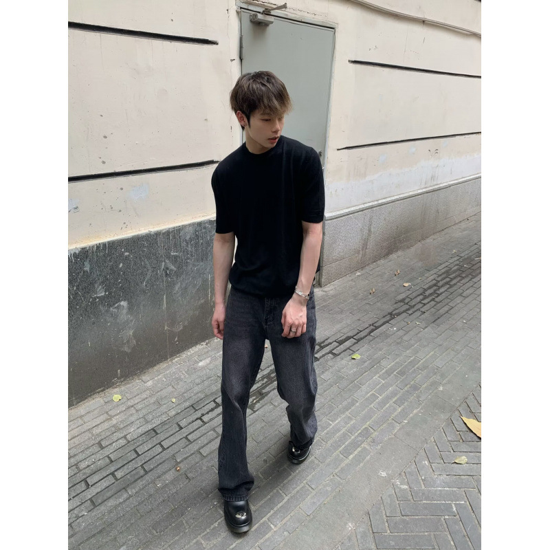 Cleanfit Black Jeans for Men Summer Slim Fit Straight Leg Casual Flare Pants mid Waist Softener Fabric American High Street Style for Tall Men_voghion.com