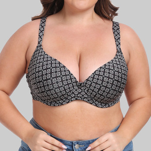 Thin Cup Gathering Sponge Layer Widened Shoulder Strap Steel Ring Printed plus size Bra European and American Foreign Trade chubby girl Underwear Bra