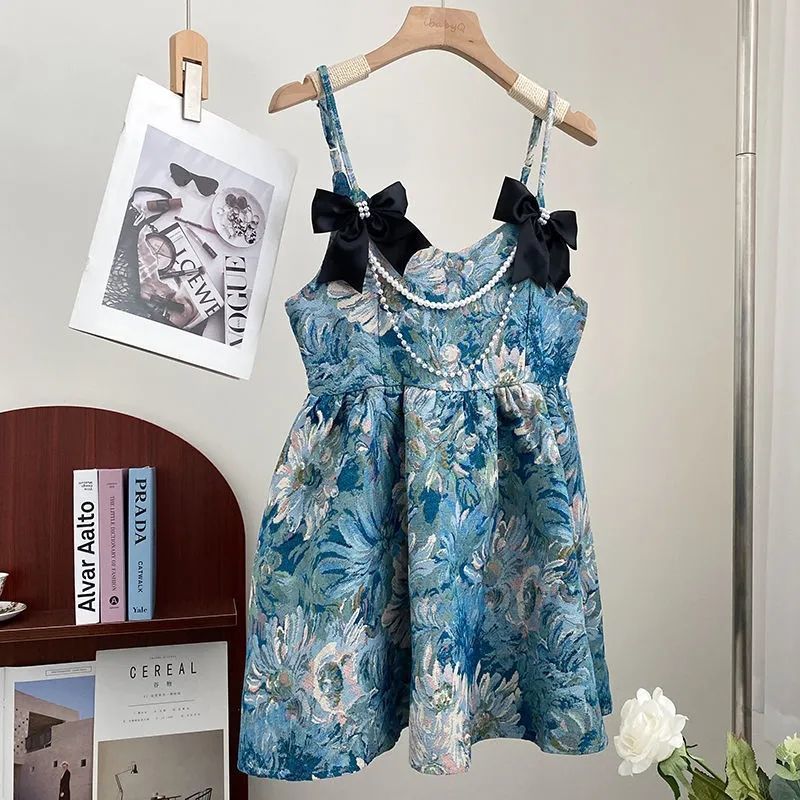 하늘색 꽃 서스펜더 스커트 원피스 [프리체인]