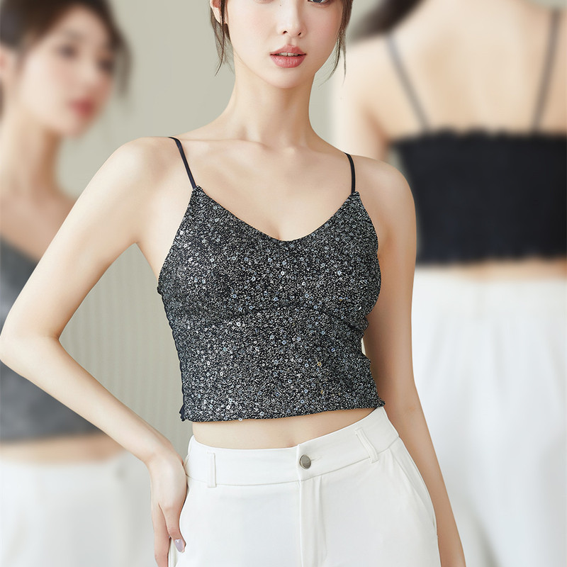 High-End Sequined Camisole for Women, New Summer Style, Sexy Outerwear with Integrated Chest Pad Design High-End Sequined Camisole for Women, New Summer Style, Sexy Outerwear with Integrated Chest Pad Design