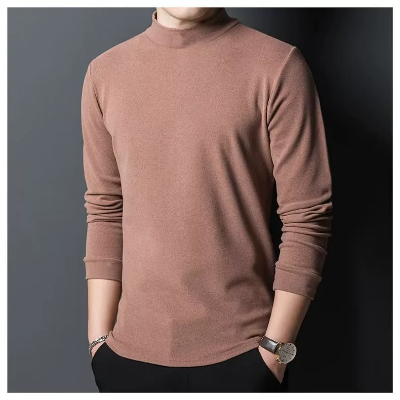 Осенне-зимняя футболка с длинными рукавами, Мужская бархатная куртка со средним высоким воротником 2022 Весна и осень Новая нижняя рубашка, хлопковая внутренняя модная верхняя одежда