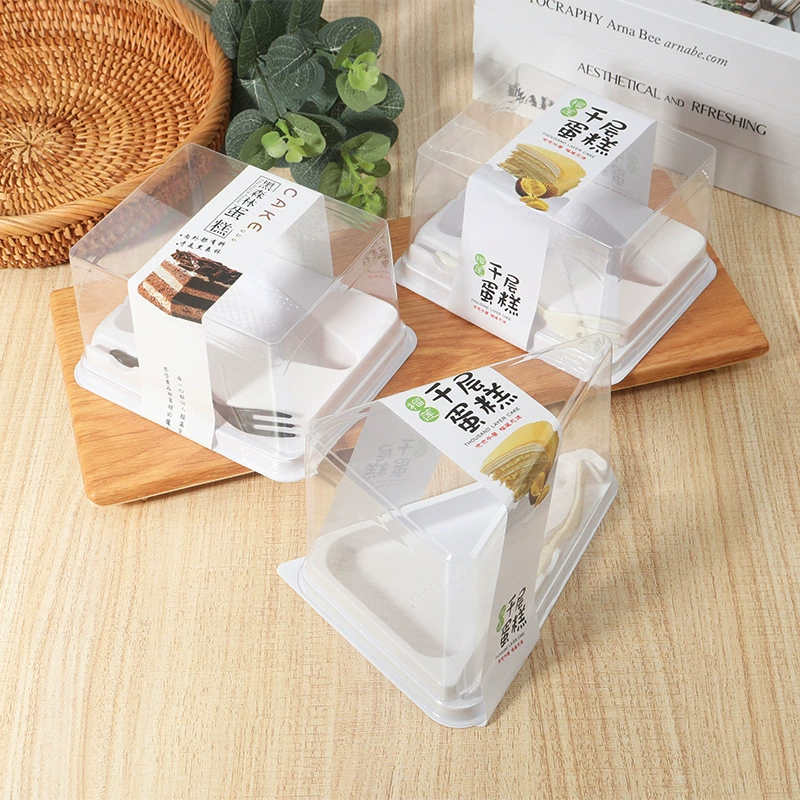 Оптовая упаковка для выпечки дуриан лазанья Треугольная коробка для муссового торта с вилкой, противотуманная крышка, десерт