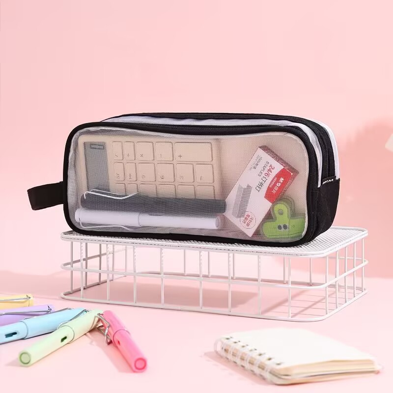 Bolsa de lápices de malla, bolsa de papelería para estudiantes de gran capacidad, caja de lápices de estilo ins simple, caja de lápices transparente para exámenes de alto valor