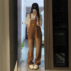 【韩牛】复古棕色牛仔背带裤女2025新款宽松直筒显瘦百搭连体长裤