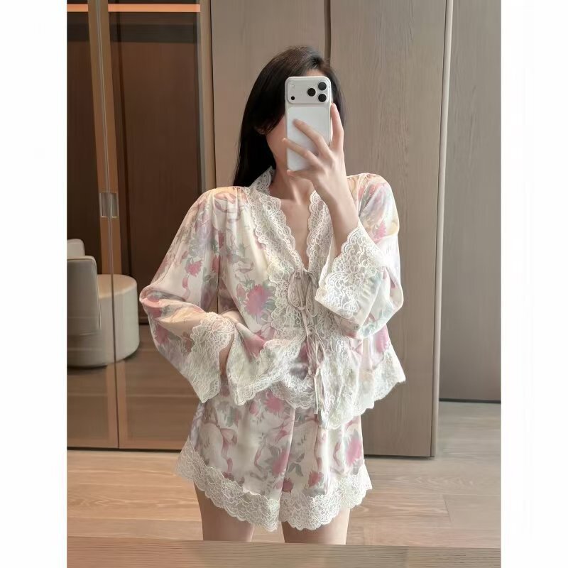 Women's Ice Silk Pajamas, High-End Peony Print Lace French Tie Four-Piece Set, Long-Sleeve Home Wear Women's Suit Women's Ice Silk Pajamas, High-End Peony Print Lace French Tie Four-Piece Set, Long-Sleeve Home Wear Women's Suit