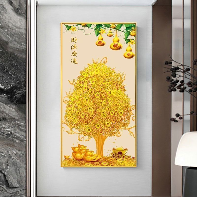 玄关装饰画自粘招财进宝高档贴画现代轻奢黄金满地五福临门发财树|undefined