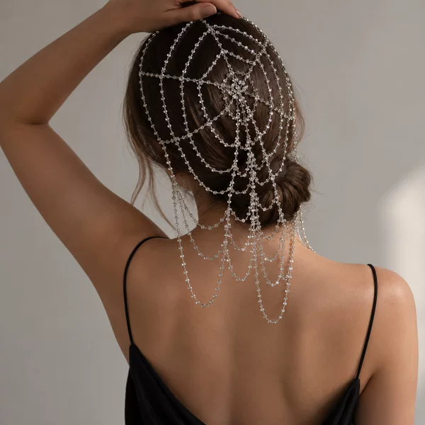 European and American New Style Mesh Tassel Hair Chain, High-End Crystal Headpiece, Luxurious Bridal Wedding Accessory Hair Chain