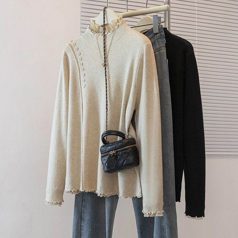Half Turtleneck with Long Sleeves, New Bottoming Shirt for Women, Spring and Autumn Large Size New Top, Lace Splicing Sweater