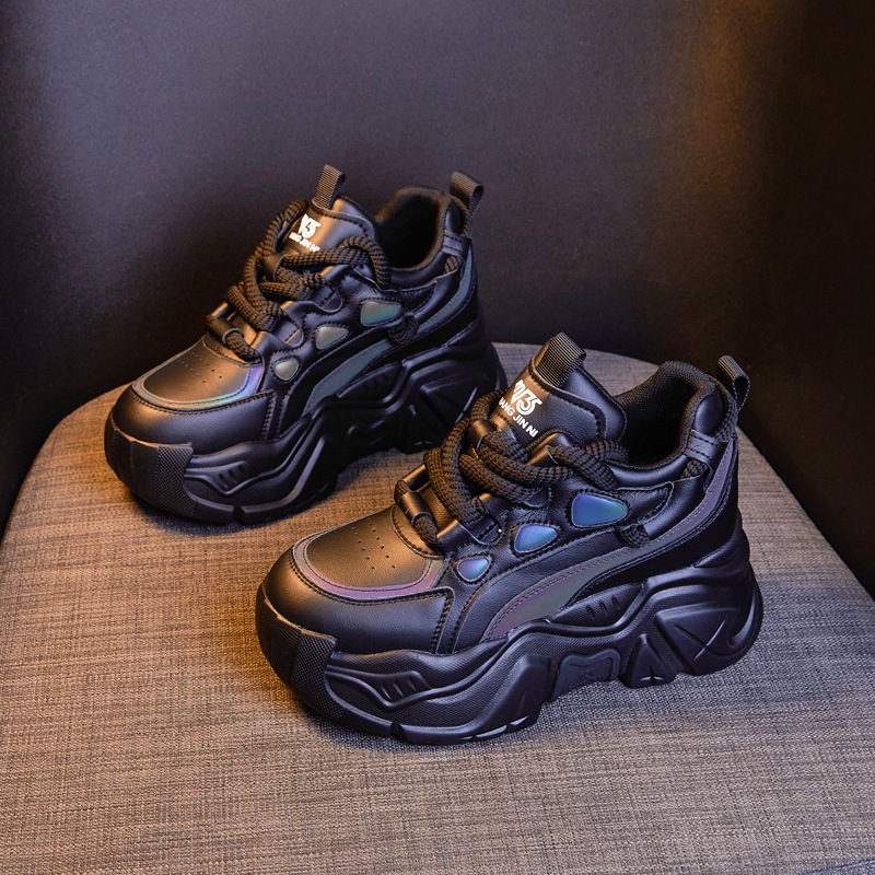 Genuine Leather Sponge Cake Thick Soled Dad's For Women In Autumn 2024, New Round Toe Lace Up Inner Height Increase_voghion.com