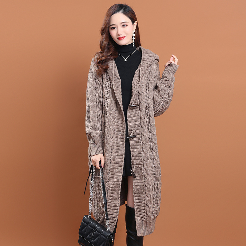 Autumn and Winter Mid-length Korean-style Hooded Knitted Cardigan 2021 Casual Style Sweater Jacket Twist Thickened Windbreaker for Women