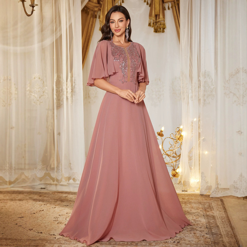 Cross-Border Women's Fashion Round Neck Lace Short-Sleeve Dress with Fashionable Sequin Embroidery Decoration, Elegant Evening Gown Dress Cross-Border Women's Fashion Round Neck Lace Short-Sleeve Dress with Fashionable Sequin Embroidery Decoration, Elegant Evening Gown Dress
