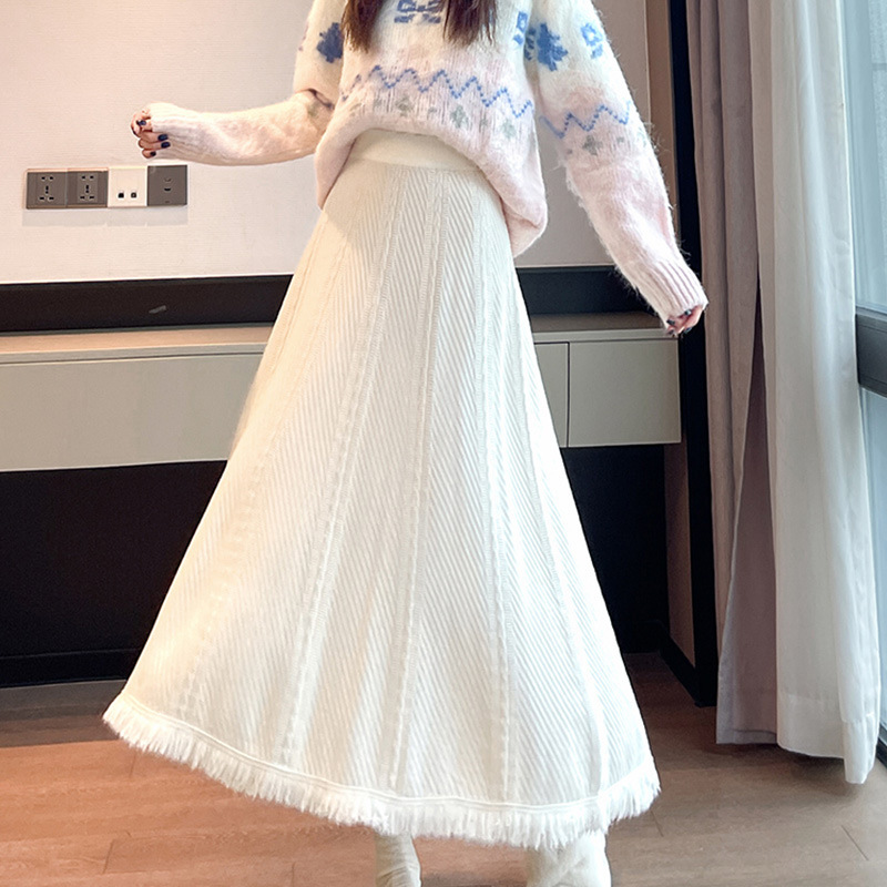 白色流苏针织半身裙女2025秋冬新款高腰显瘦中长款a字大摆伞裙潮|undefined