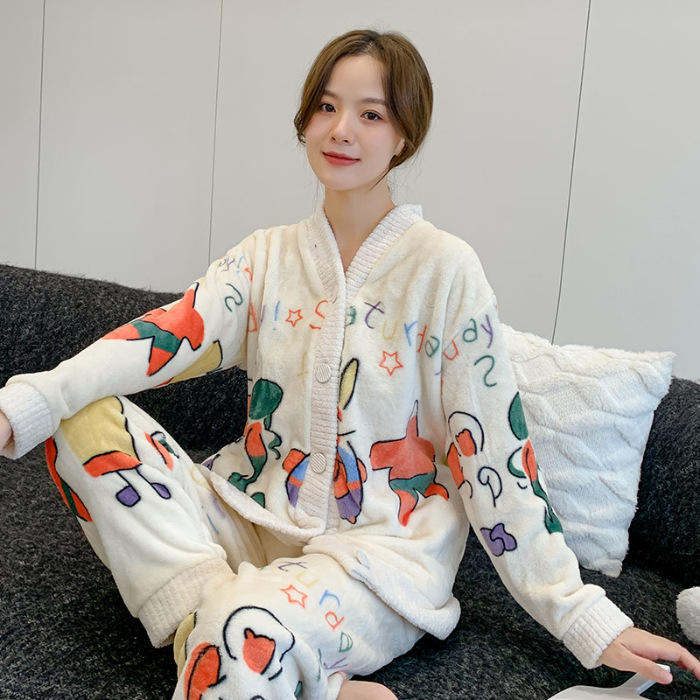 Varios pijamas de invierno de las mujeres con cuello en V cardigan de dibujos animados lindo forro polar engrosada franela traje homewear mujeres
