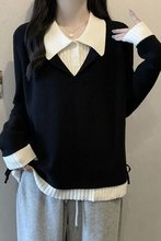 大码女装遮肚子假两件领针织衫女春夏胖妹妹宽松显瘦打底毛衣