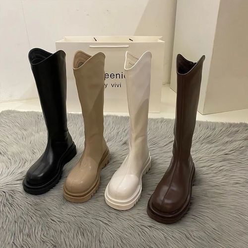 Thick Bottom Short Boots for Women 2024 New Pure Color Long Boots V-Neck Rider Boots Casual Boots 