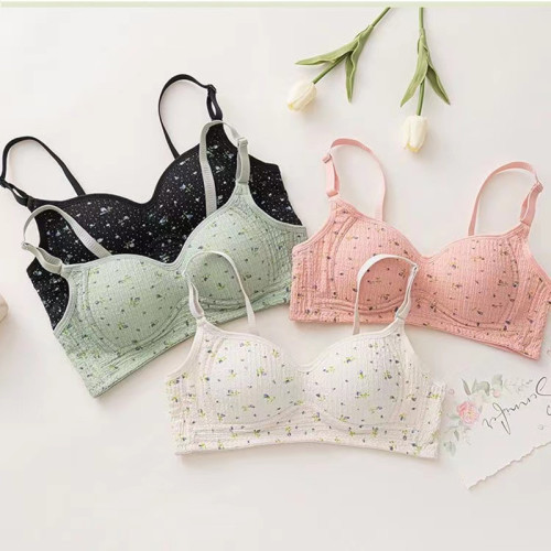 Japanese sweet floral young lady student small breast push-up seamless underwear thin section no steel ring pure cotton bra bra