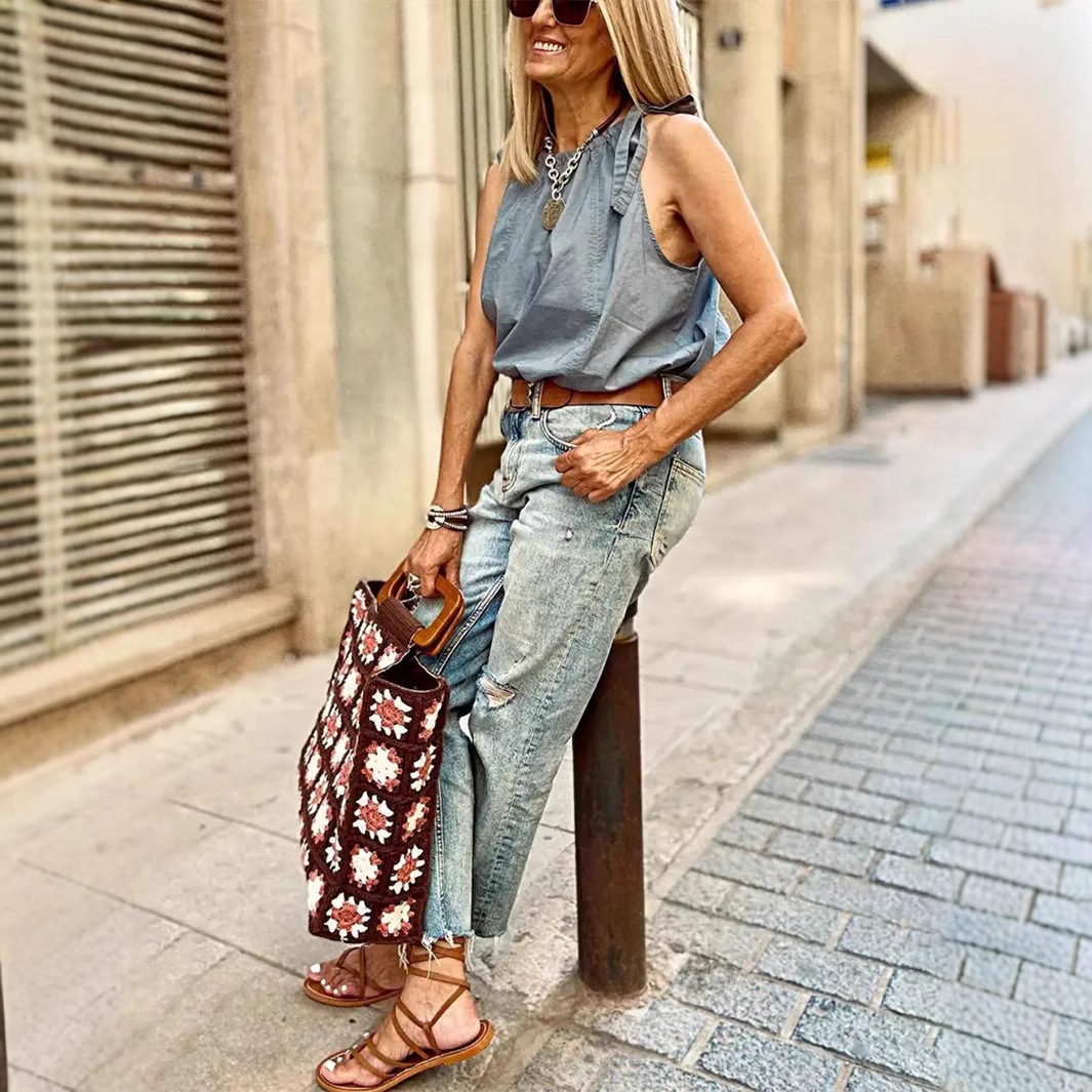 Jeans de Pierna Ancha para Mujer de Denim de Algodón Elástico y Cintura Alta para Uso Casual