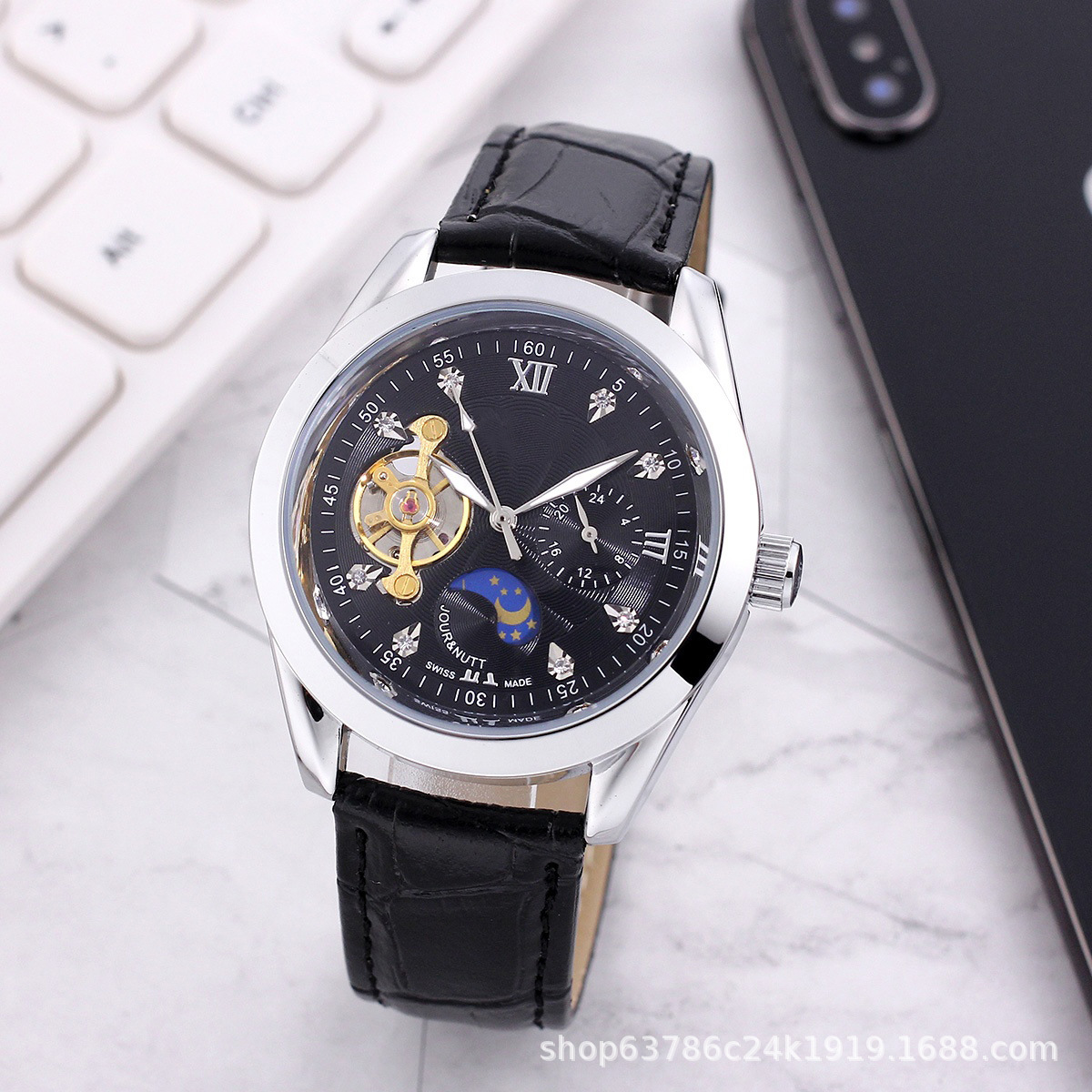 Guo Huang Cross-Border High-Quality Langjia Hollow Tourbillon Belt Men's Business Watch Foreign Trade Manufacturer Direct Sales