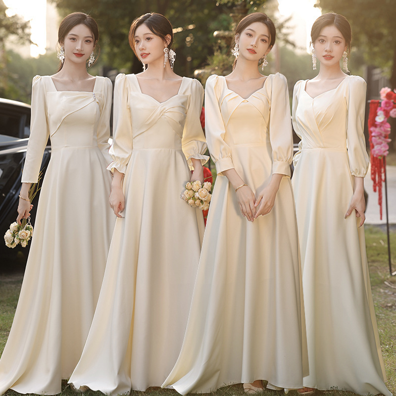 Long-Sleeved Bridesmaid Dress 2025 New Spring and Summer High-End Niche Wedding Sister Group Champagne Color Can Be Worn at Ordinary Times