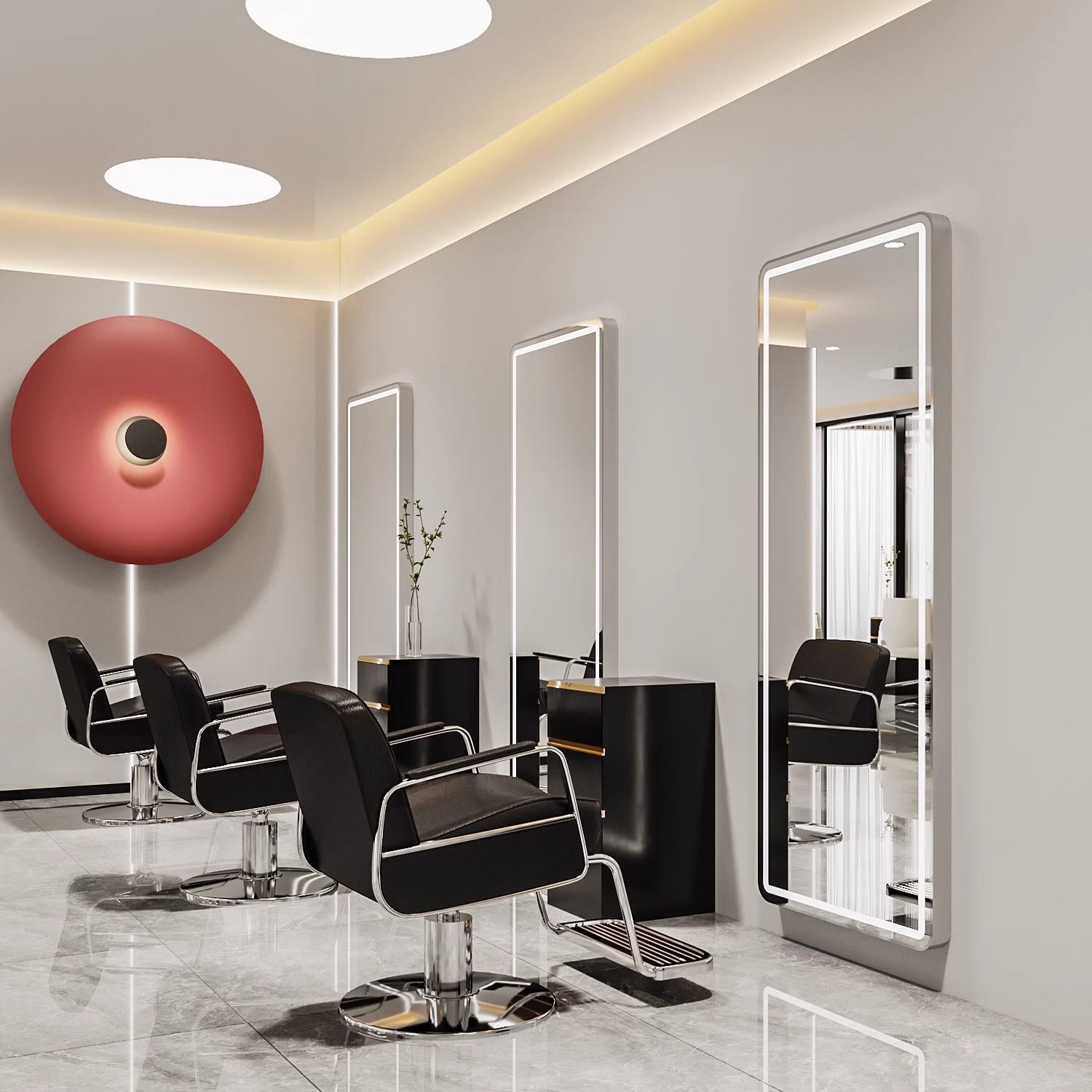 Barbería simple decoración espejo rojo en línea espejo con lámpara marea pared de un solo lado espejo peluquería image 23