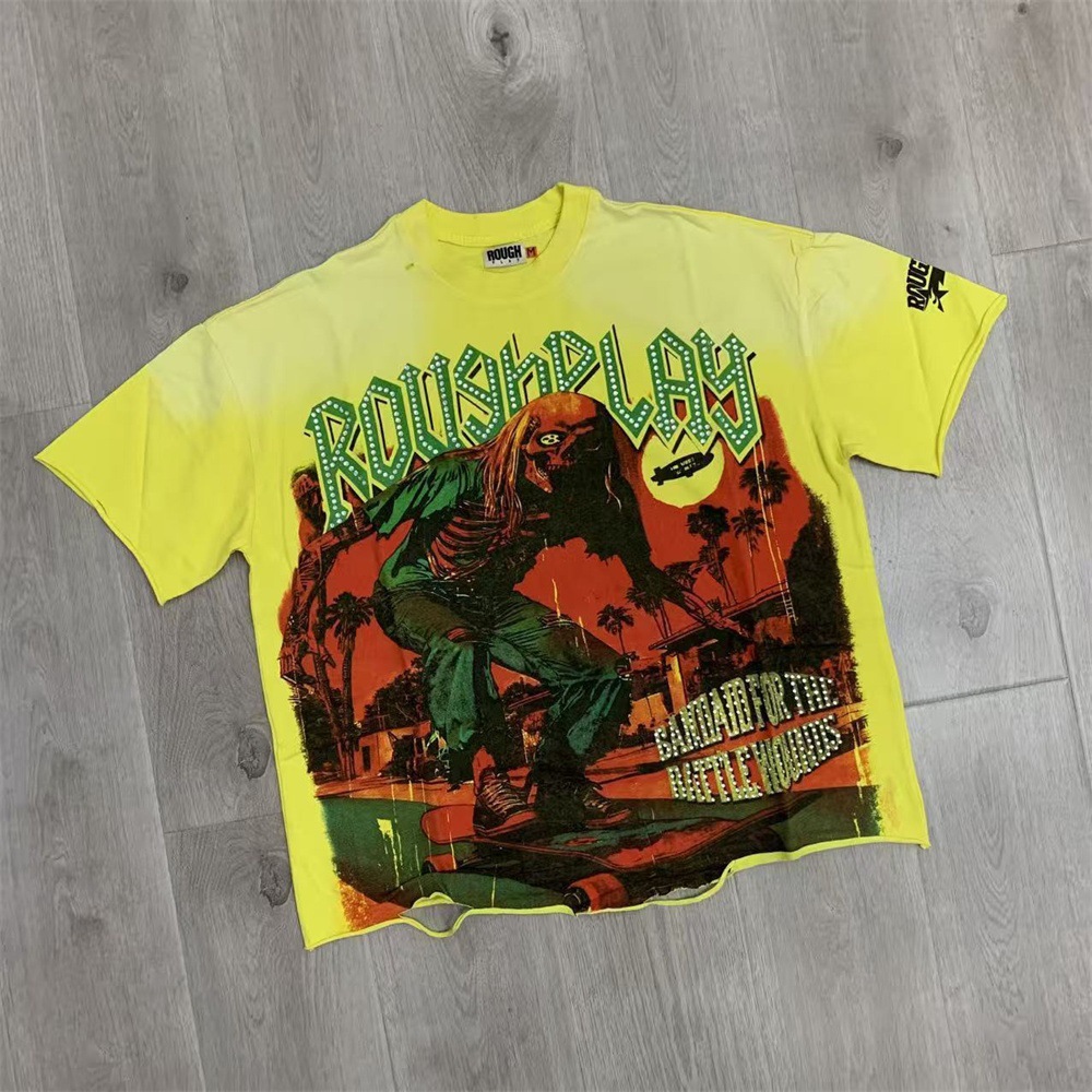 RoughPlay Skeleton Skateboard Graphic Rhinestone T-shirt Yellow