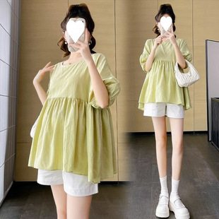 Maternity Suit Summer Thin Loose Fashionable Outer Wear Puff Sleeve Top Shorts Casual Slimming Petite