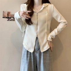 正肩连帽卫衣女上衣2025秋新款设计感拉链开衫外套韩系风显瘦百搭