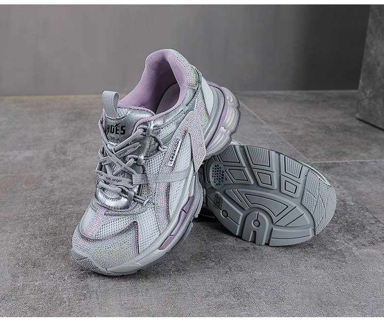 Giày sneaker nữ chunky đế dày, lưới thoáng khí, phối đá đính, phong cách thể thao — màu xám chi tiết 14