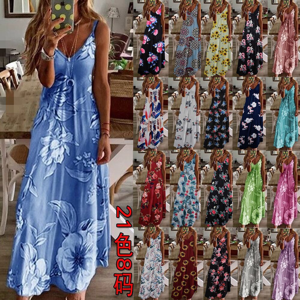 Ready Stock European and American Women's Clothing Wish Summer Dress Digital Print Strap V-Neck Sleeveless Long Dress