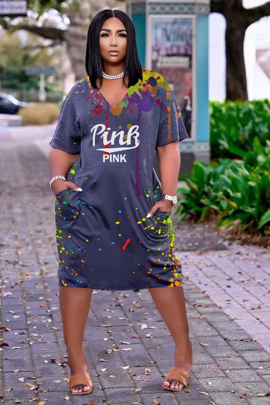 Loose Positioning Splashed Ink Printing Letters V neck Casual Dress