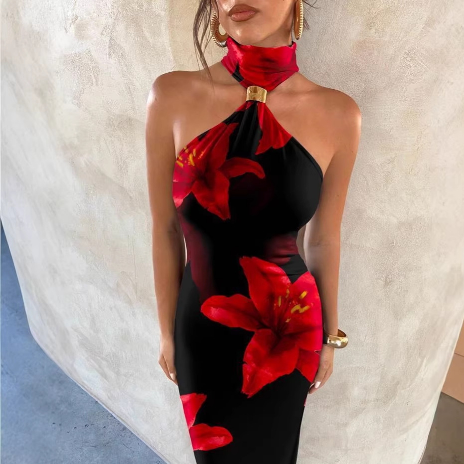 Summer Fashion High Neck Off Shoulder Floral Print Dress For Women Elegant Slit Design American Style_ecoleips.com