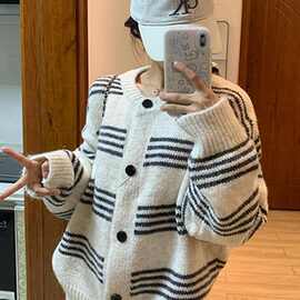 NUNBAI韩系条纹长袖开衫毛衣女秋冬2025新款秋季慵懒风宽松针织外