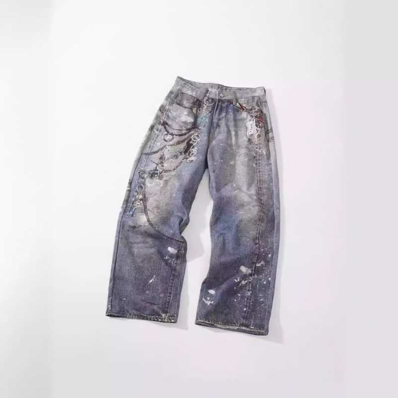 @C3D Printed Floral Pants with Chain, Distressed Mud-Dyed Print, Baggy Loose Casual Jeans, Trendy Fashion Brand